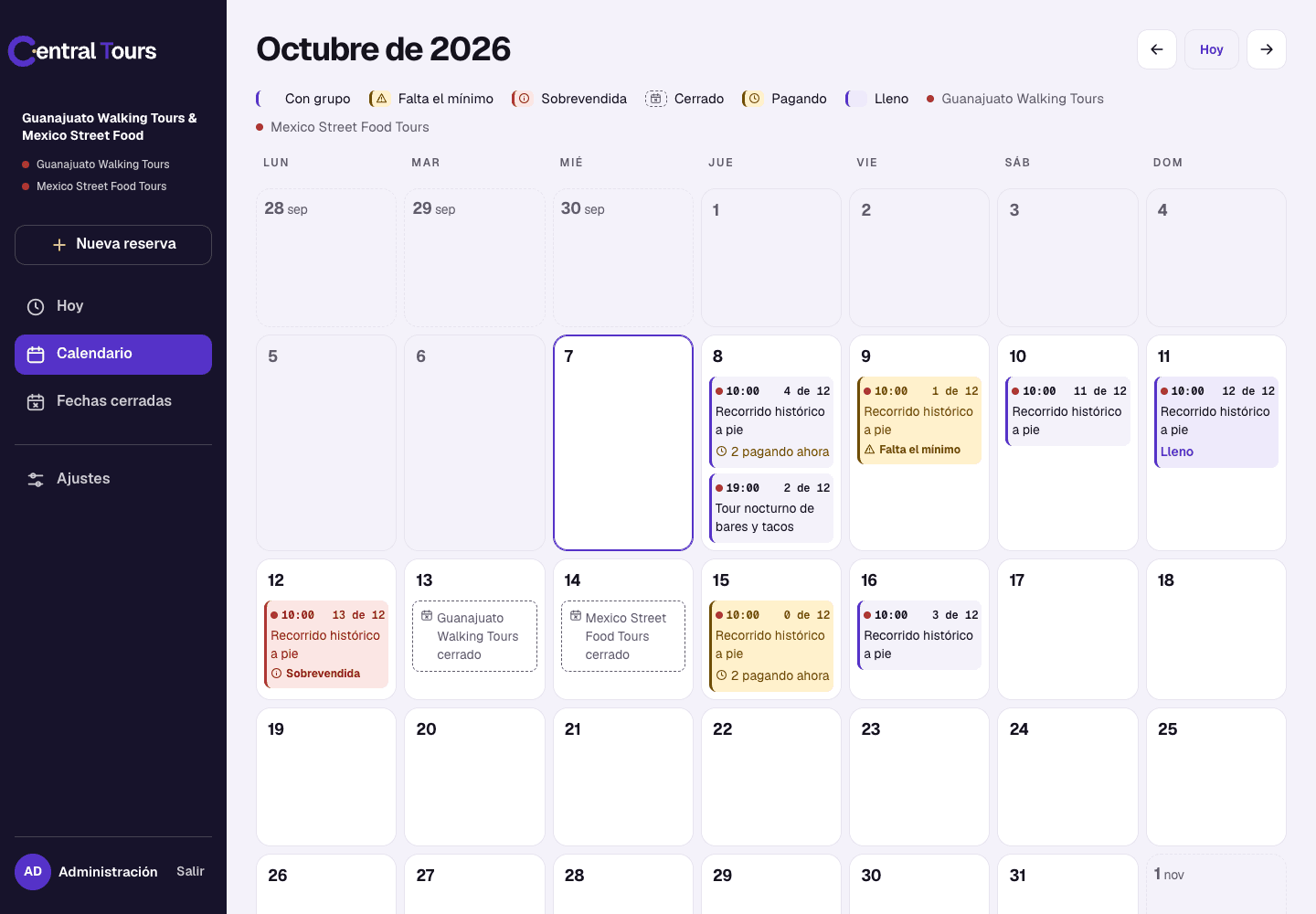 Calendario aprobado de Central Tours con operadores y estados de las salidas.